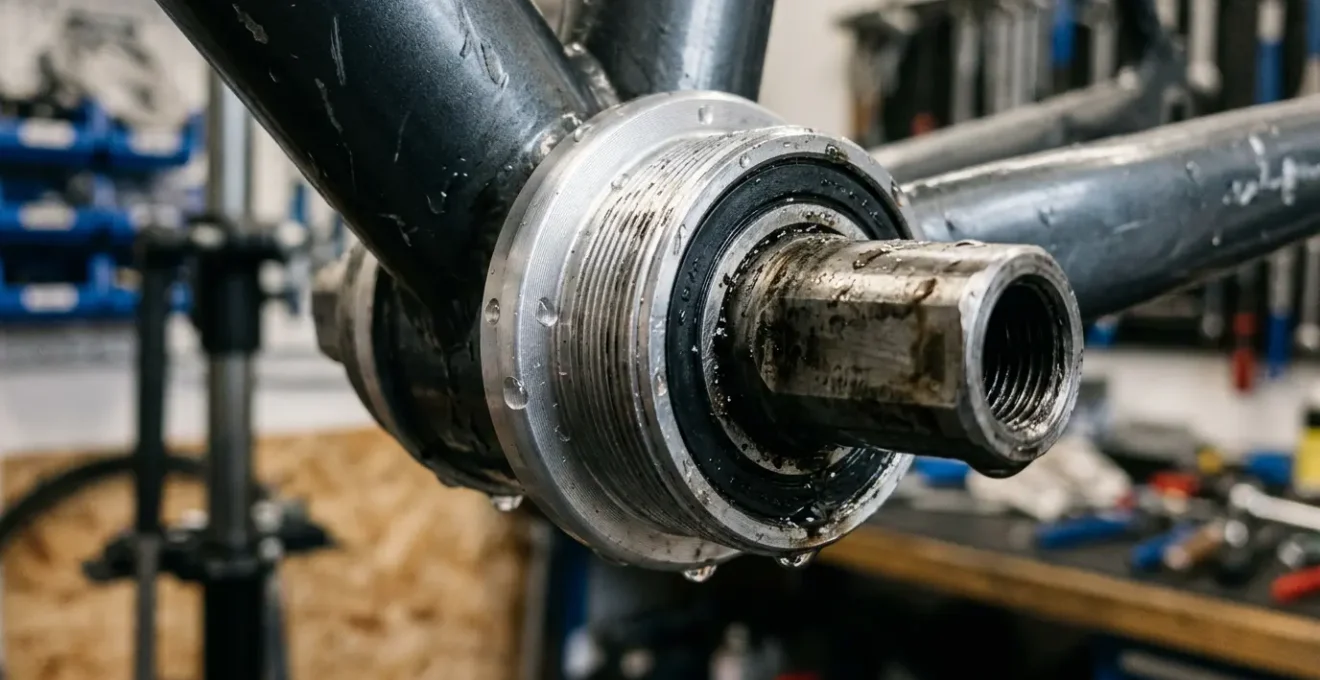 Detailansicht eines Fahrrad-Tretlagers mit Wassertropfen nach der Reinigung