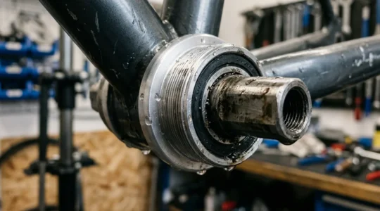 Detailansicht eines Fahrrad-Tretlagers mit Wassertropfen nach der Reinigung