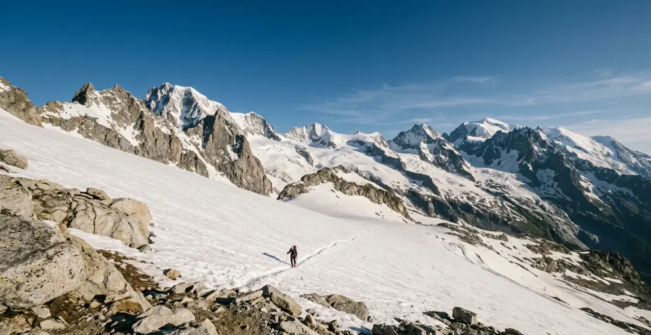 Bergsteiger auf Hochtour im Frühsommer mit Altschneefeldern in den Alpen