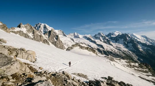 Bergsteiger auf Hochtour im Frühsommer mit Altschneefeldern in den Alpen