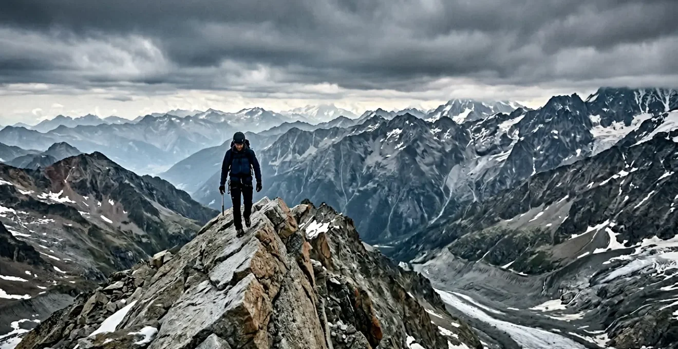 Bergsteiger auf schmalem Felsgrat mit weitem Alpenblick
