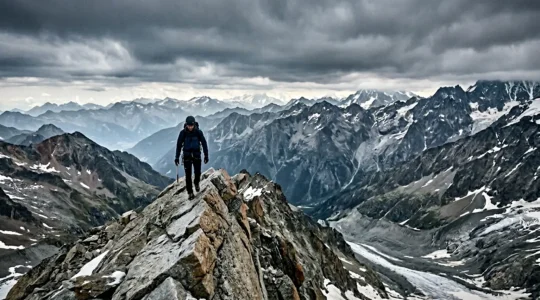 Bergsteiger auf schmalem Felsgrat mit weitem Alpenblick