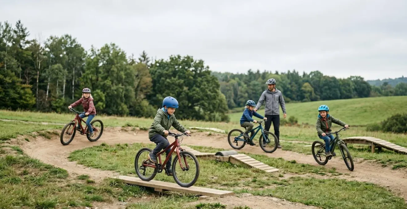Kinder üben spielerisch Mountainbike-Fahrtechnik in sicherer Trainingsumgebung