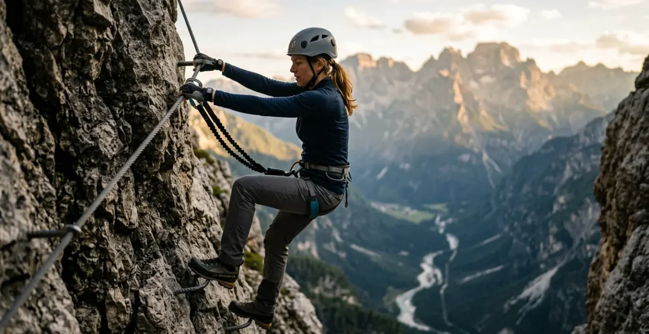 Kletterer verwendet kraftsparende Technik am steilen Klettersteig mit gestreckten Armen