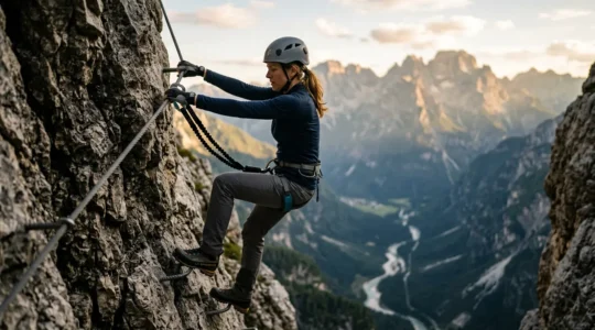 Kletterer verwendet kraftsparende Technik am steilen Klettersteig mit gestreckten Armen