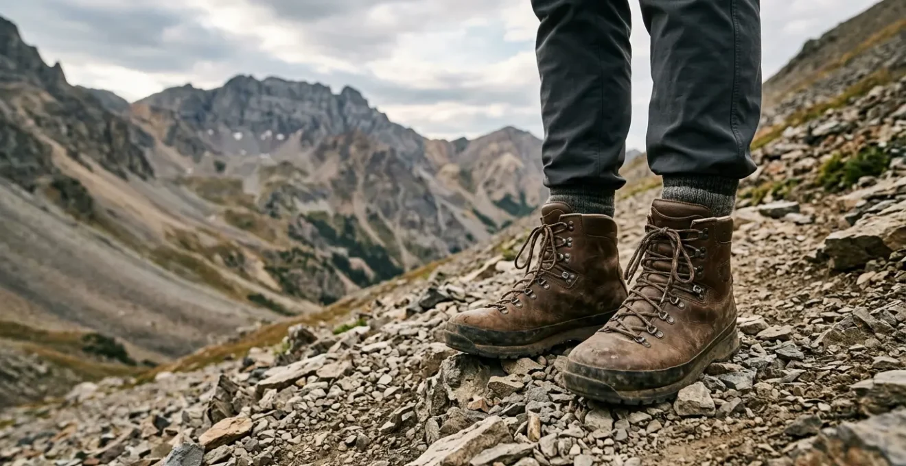 Hochgeschnittene Wanderstiefel bieten Knöchelstabilität auf steinigem Bergpfad