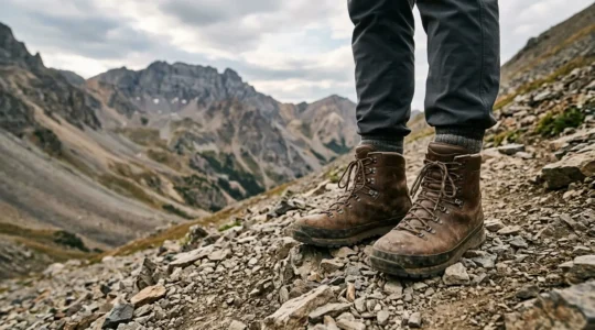 Hochgeschnittene Wanderstiefel bieten Knöchelstabilität auf steinigem Bergpfad