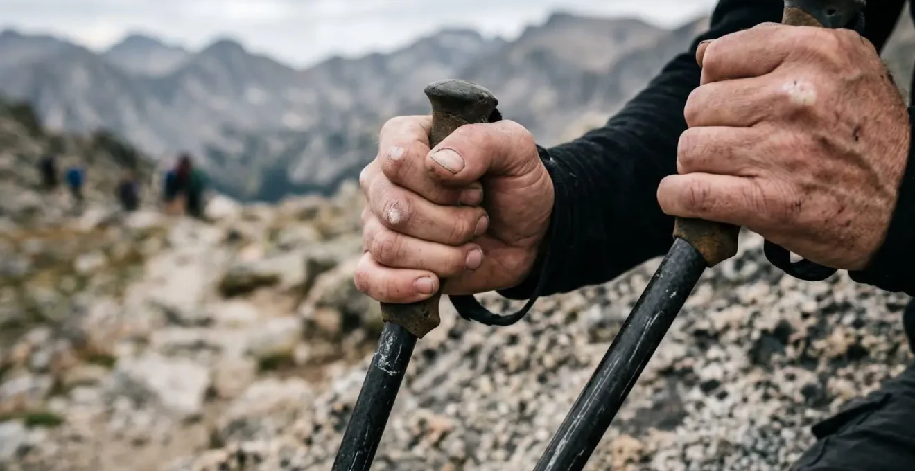 Nahaufnahme erschoepfter Haende an Wanderstöcken auf Bergpfad