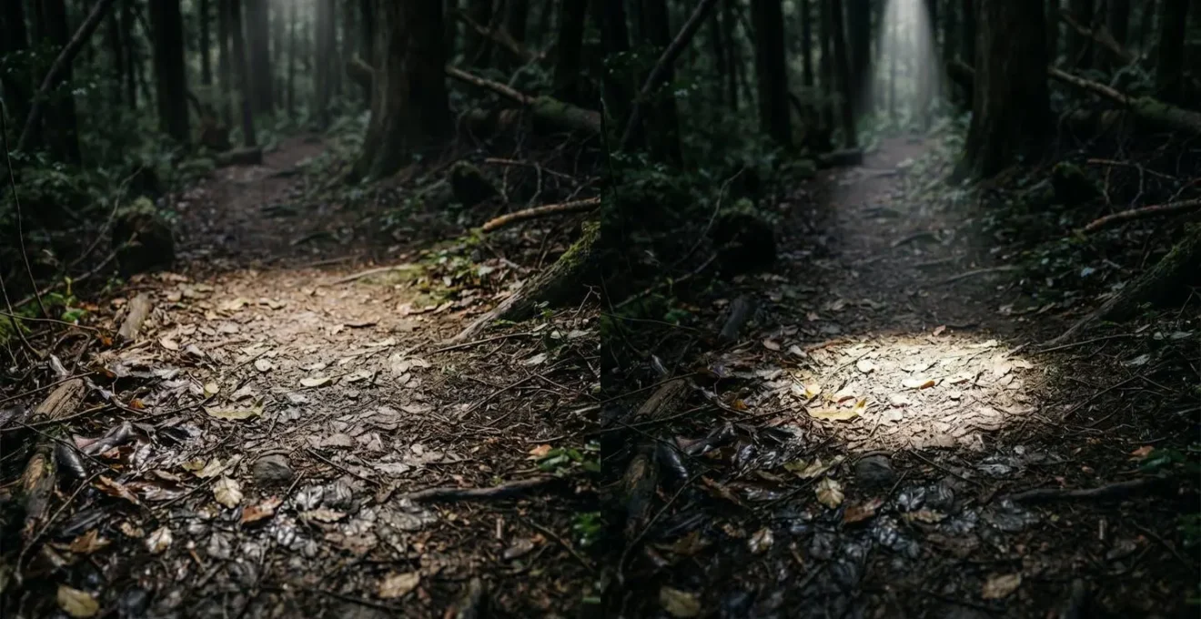 Vergleich zwischen breitem Lichtteppich und schmalem fokussiertem Lichtstrahl auf Waldweg