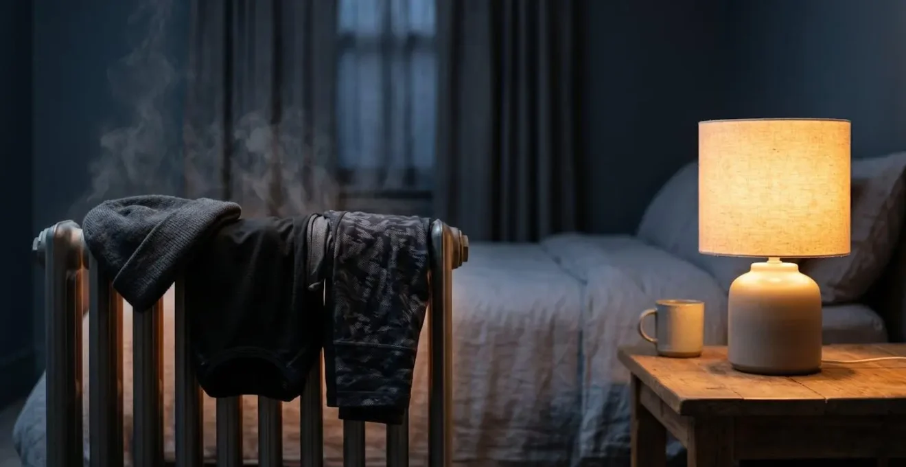 Warme Sportkleidung auf Heizkörper neben Lichtwecker im dämmrigen Schlafzimmer