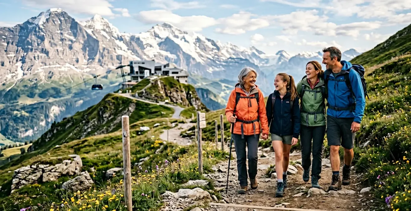 Mehrgenerationenfamilie mit Großmutter, Eltern und Teenager beim gemeinsamen Wandern in alpiner Berglandschaft mit Seilbahnstation im Hintergrund