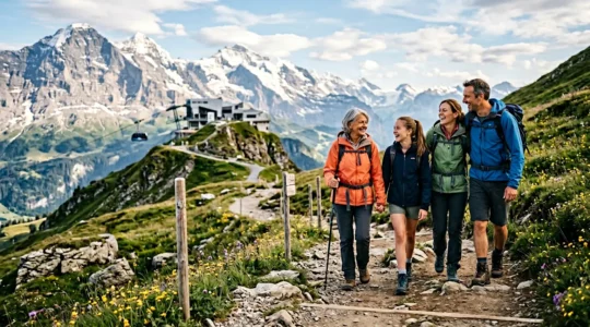 Mehrgenerationenfamilie mit Großmutter, Eltern und Teenager beim gemeinsamen Wandern in alpiner Berglandschaft mit Seilbahnstation im Hintergrund