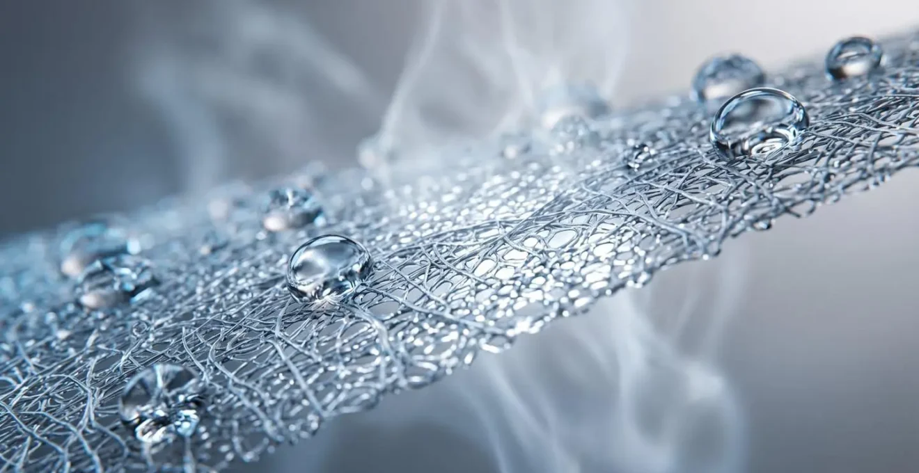 Nahaufnahme einer technischen Membranstruktur, die Wasserdampfdurchlässigkeit bei gleichzeitiger Wasserdichtigkeit symbolisiert