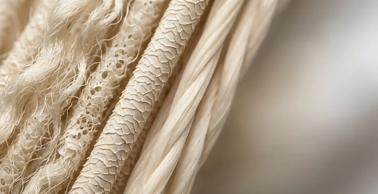 Mikroskopische Nahaufnahme von Merinowollfasern im Vergleich zu Baumwollfasern, die die natürliche Kräuselung und Lufteinschlüsse zeigt