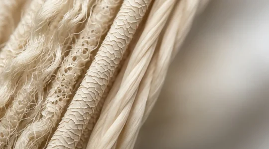 Mikroskopische Nahaufnahme von Merinowollfasern im Vergleich zu Baumwollfasern, die die natürliche Kräuselung und Lufteinschlüsse zeigt