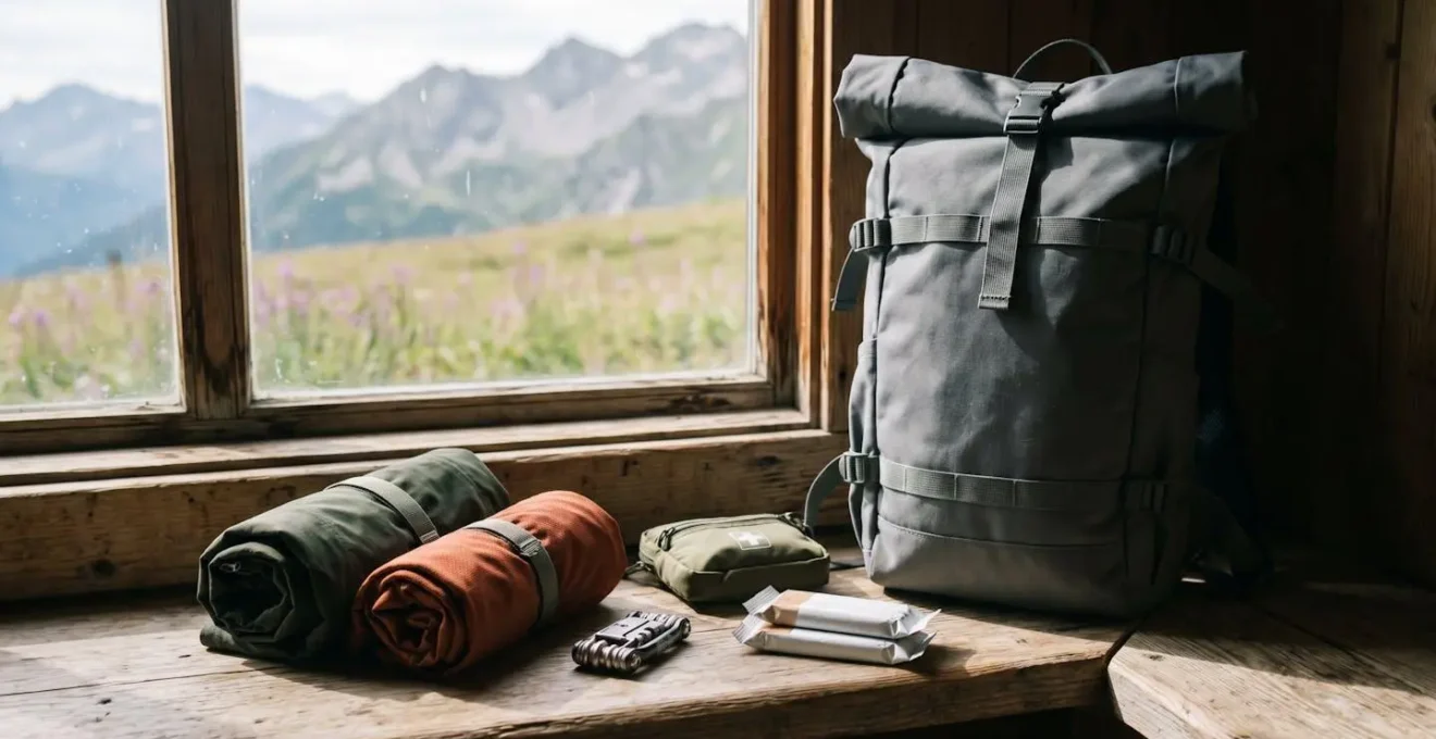 Kompakter Mountainbike-Rucksack mit minimaler Ausrüstung vor alpiner Bergkulisse