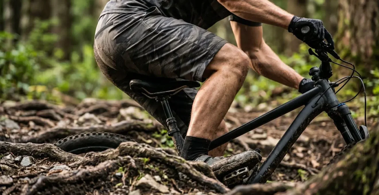 Detailaufnahme der dynamischen Körperstabilisierung beim Mountainbiken über unebenes Gelände