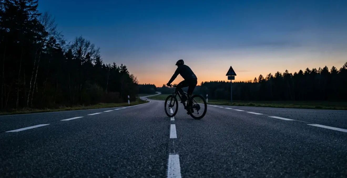 Mountainbiker auf einer Bundesstraße in der Dämmerung ohne Beleuchtung