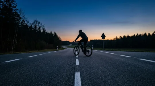 Mountainbiker auf einer Bundesstraße in der Dämmerung ohne Beleuchtung