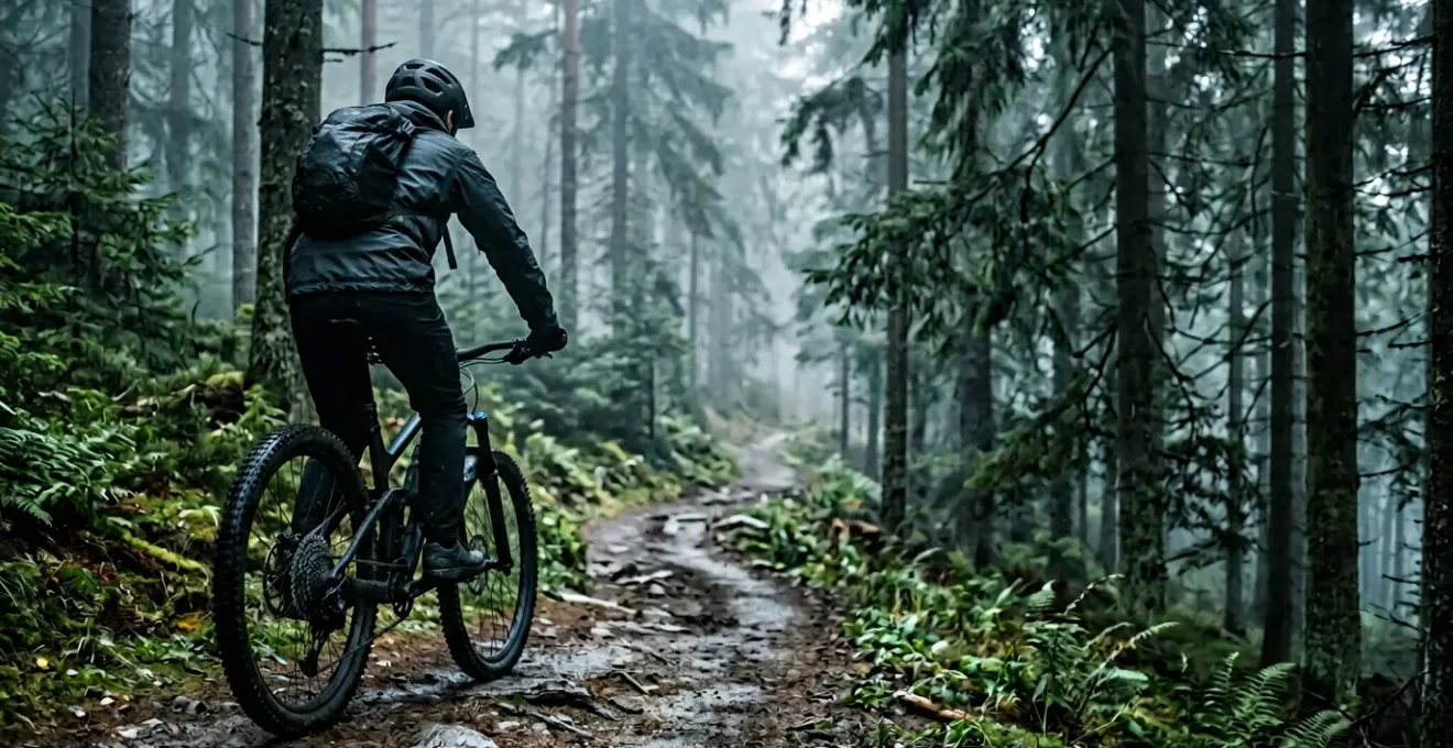 Mountainbiker auf einem einsamen Waldweg im Nebel mit moderner 1x12 Schaltung