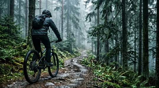 Mountainbiker auf einem einsamen Waldweg im Nebel mit moderner 1x12 Schaltung