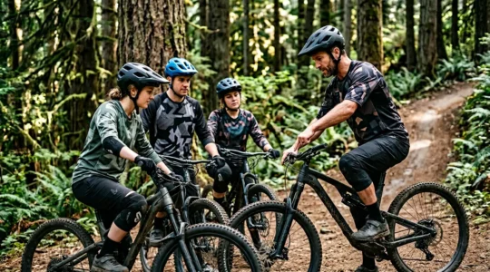 Mountainbiker trainieren gemeinsam auf naturbelassenem Trail unter Anleitung eines erfahrenen Guides