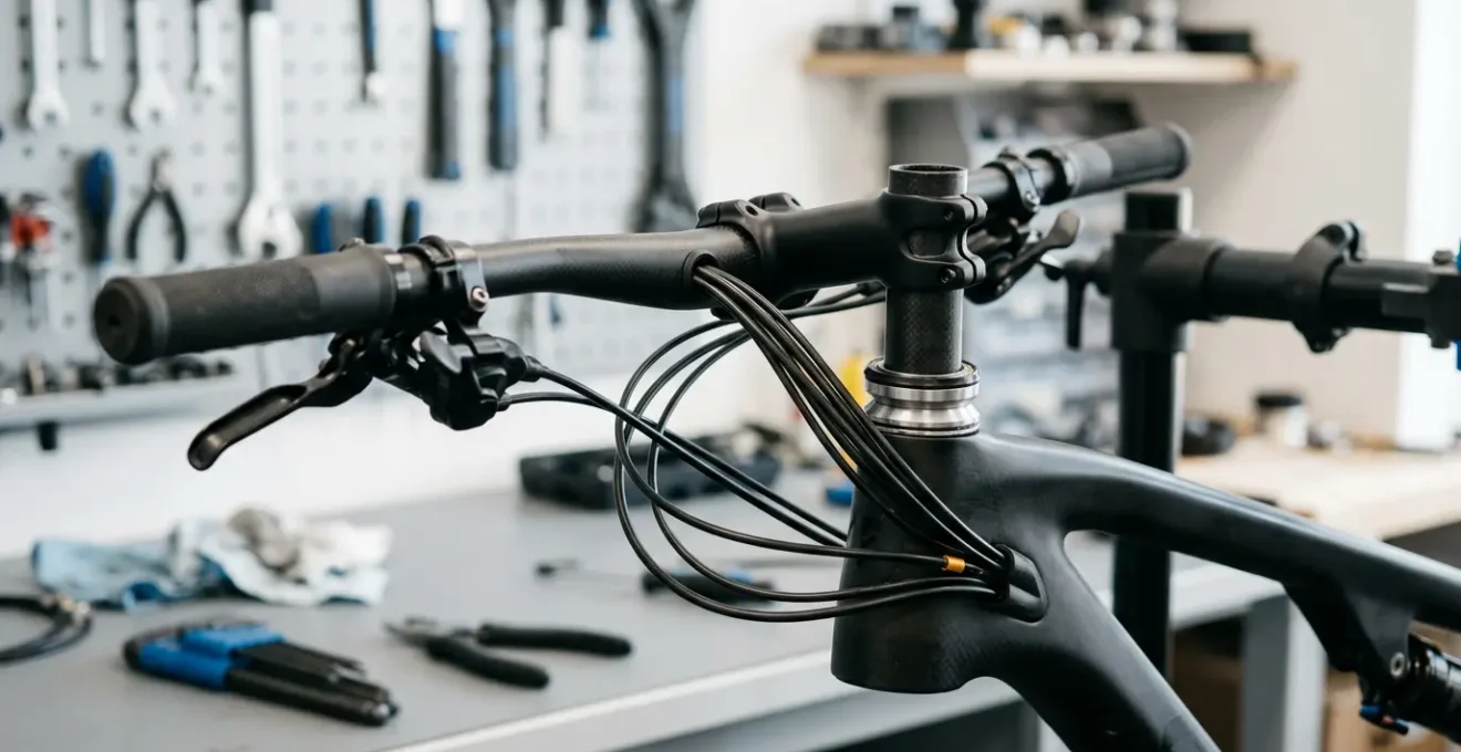 Nahaufnahme eines modernen Mountainbike-Cockpits mit integrierter Kabelführung und elektronischen Komponenten in einer Werkstatt