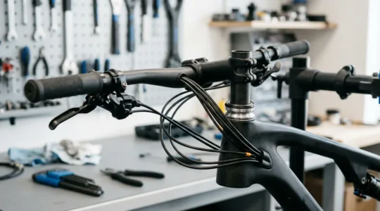 Nahaufnahme eines modernen Mountainbike-Cockpits mit integrierter Kabelführung und elektronischen Komponenten in einer Werkstatt