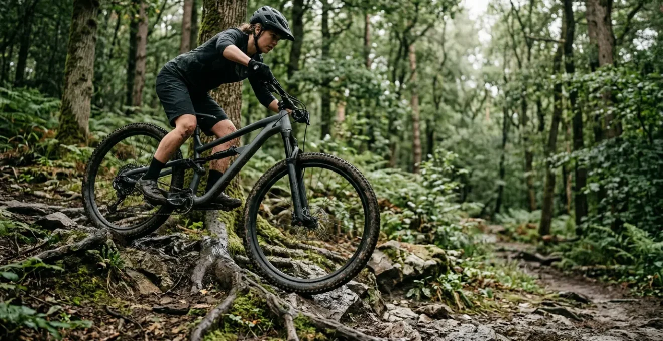 Detailaufnahme unterschiedlicher Mountainbike-Laufradgrößen in anspruchsvollem technischem Gelände