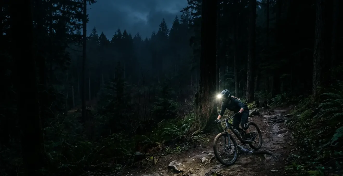 Mountainbiker mit heller Helmlampe auf dunklem Waldtrail bei Nacht