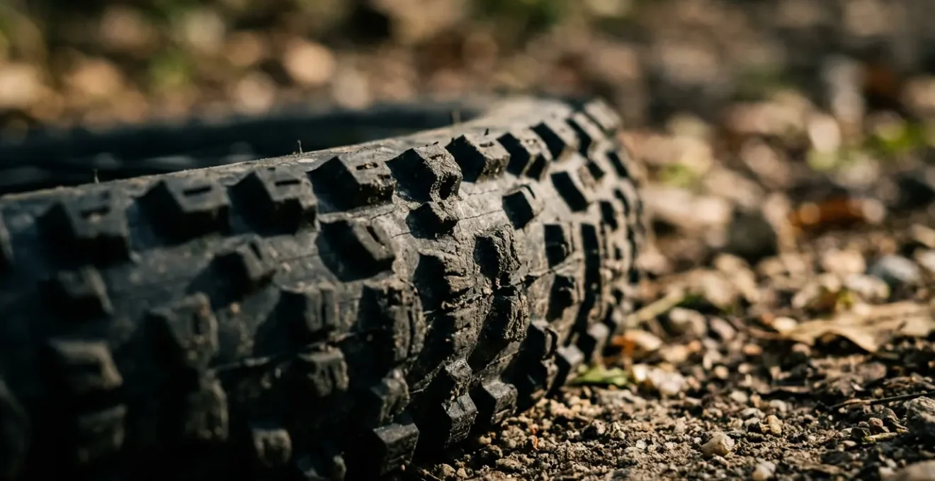 Detailaufnahme eines Mountainbike-Reifenprofils mit sichtbaren Stollen und Gummimischung