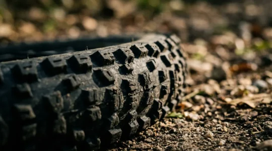 Detailaufnahme eines Mountainbike-Reifenprofils mit sichtbaren Stollen und Gummimischung