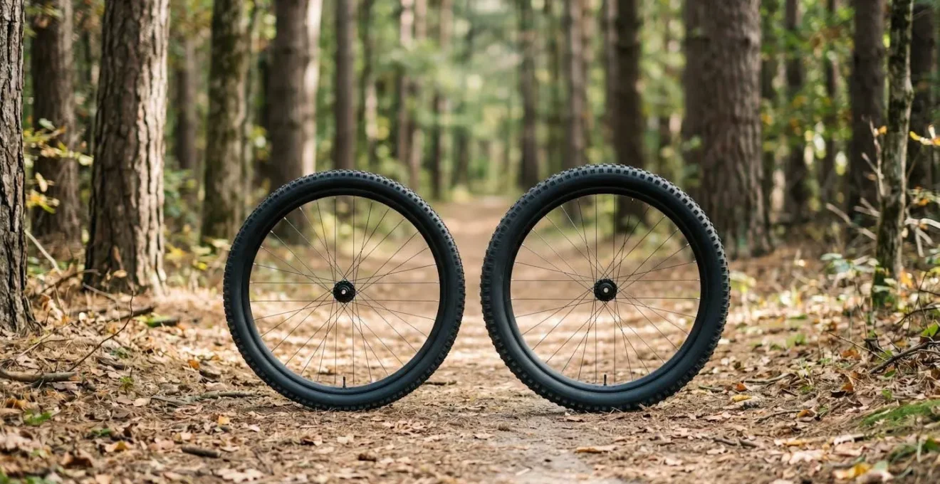 Zwei Mountainbike-Räder nebeneinander mit unterschiedlich breiten Reifen im Vergleich