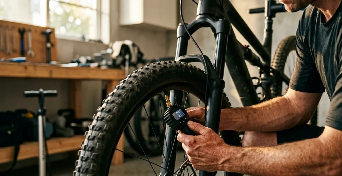 Mountainbiker bereitet sein Rad für eine Wochenendtour vor und prüft den Reifendruck