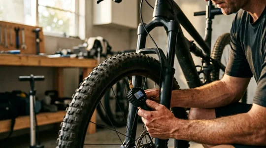 Mountainbiker bereitet sein Rad für eine Wochenendtour vor und prüft den Reifendruck