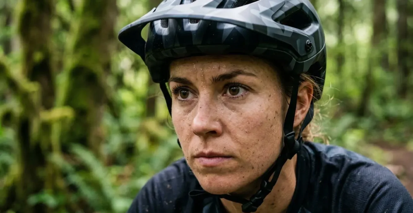 Nahaufnahme eines Mountainbikers in konzentriertem Flow-Zustand auf einem anspruchsvollen Trail