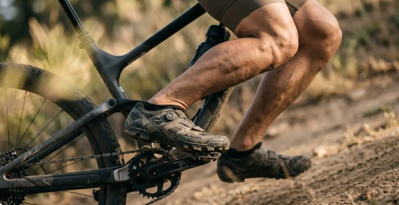 Detailaufnahme von Mountainbiker-Beinen in Bewegung beim kontrollierten Bergauffahren