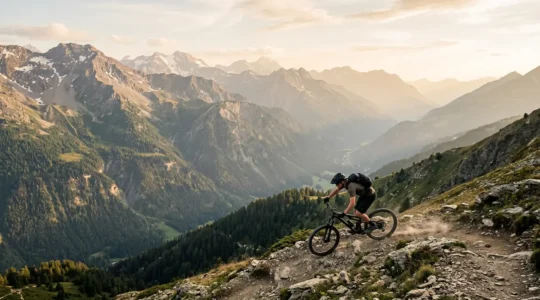 Mountainbiker in dynamischer Abfahrt durch alpines Gelände bei goldenem Licht