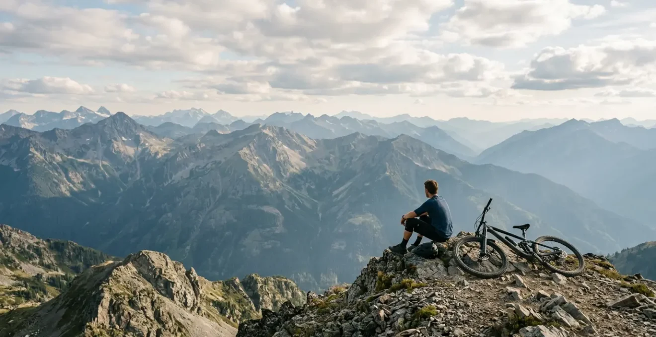 Mountainbiker macht Pause auf einem Berggipfel mit weitem Alpenpanorama im Hintergrund