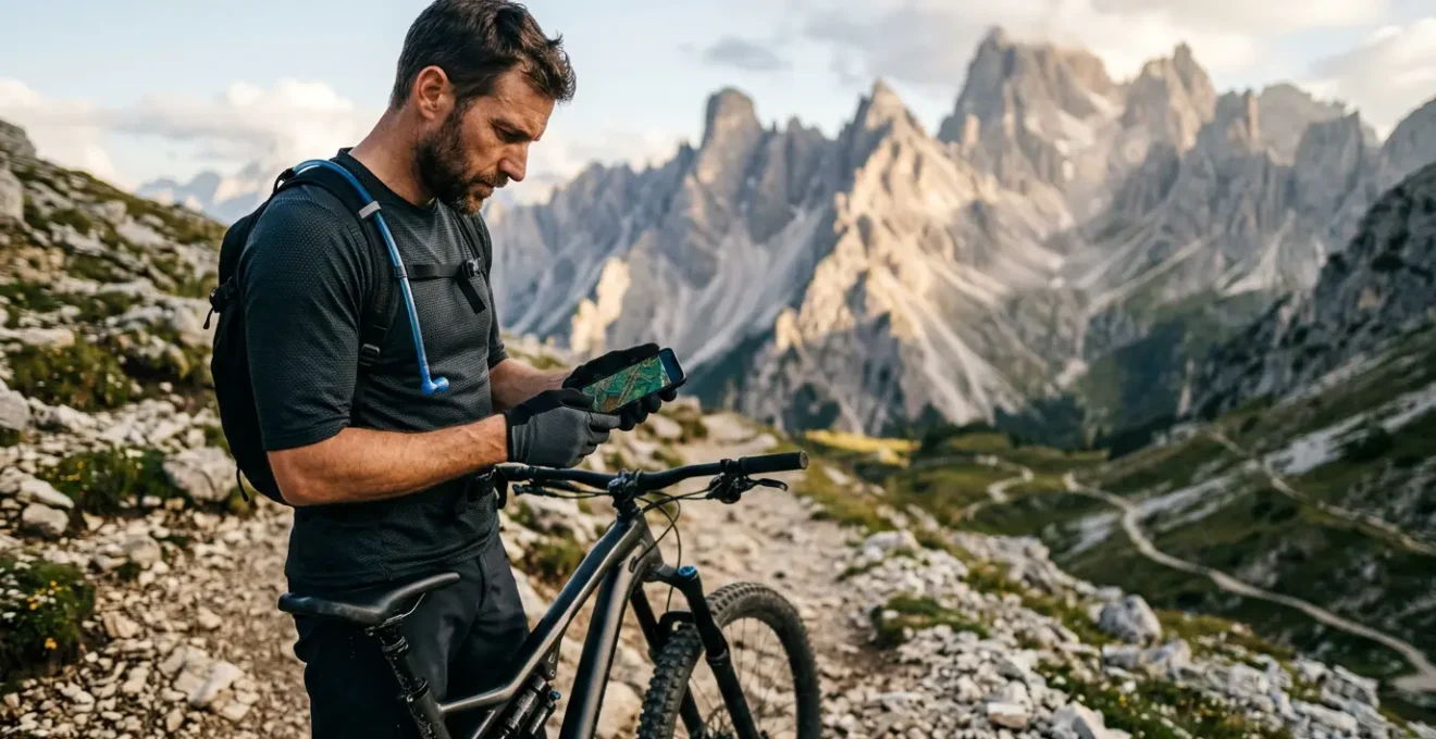 Mountainbiker analysiert Routenplanung auf Smartphone in alpiner Berglandschaft