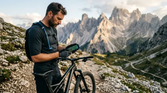 Mountainbiker analysiert Routenplanung auf Smartphone in alpiner Berglandschaft