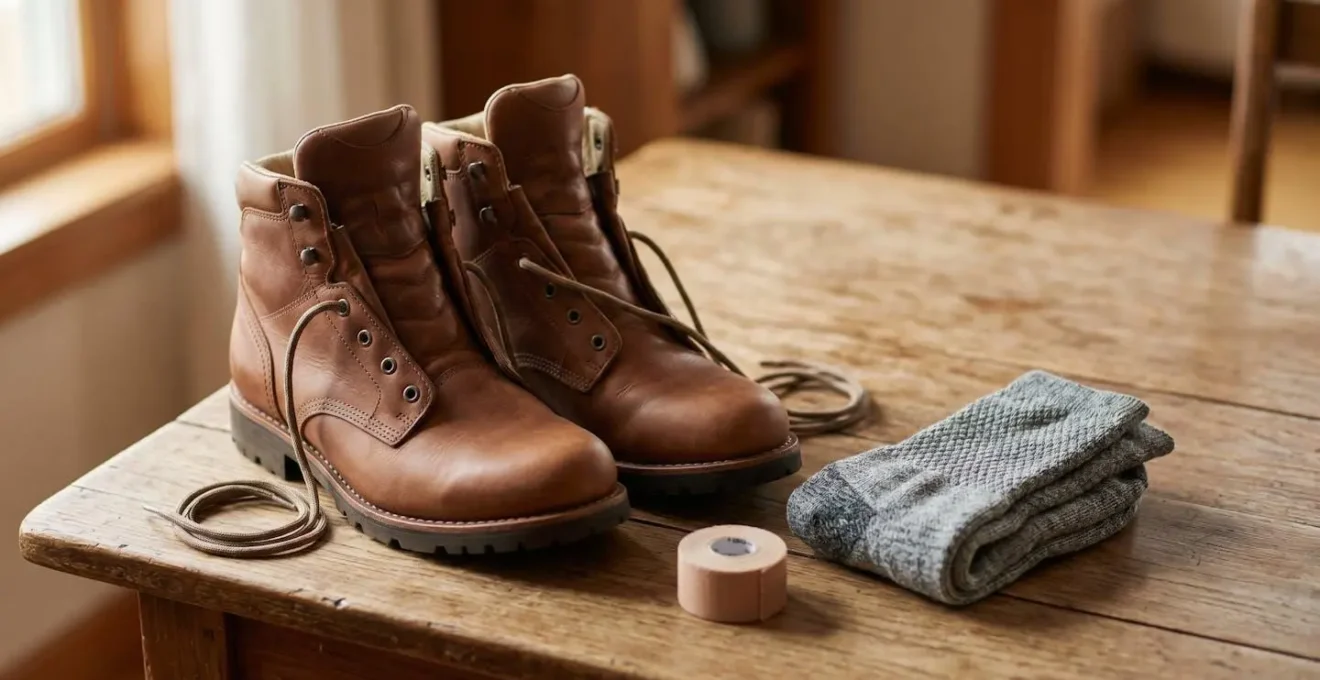 Frisch imprägnierte Lederwanderstiefel neben Wandersocken und Tape-Rolle auf Holztisch