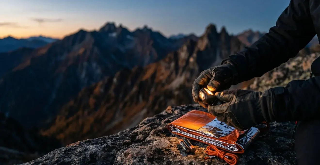 Stirnlampe und Notfallausrüstung auf Berggipfel bei Herbstdämmerung