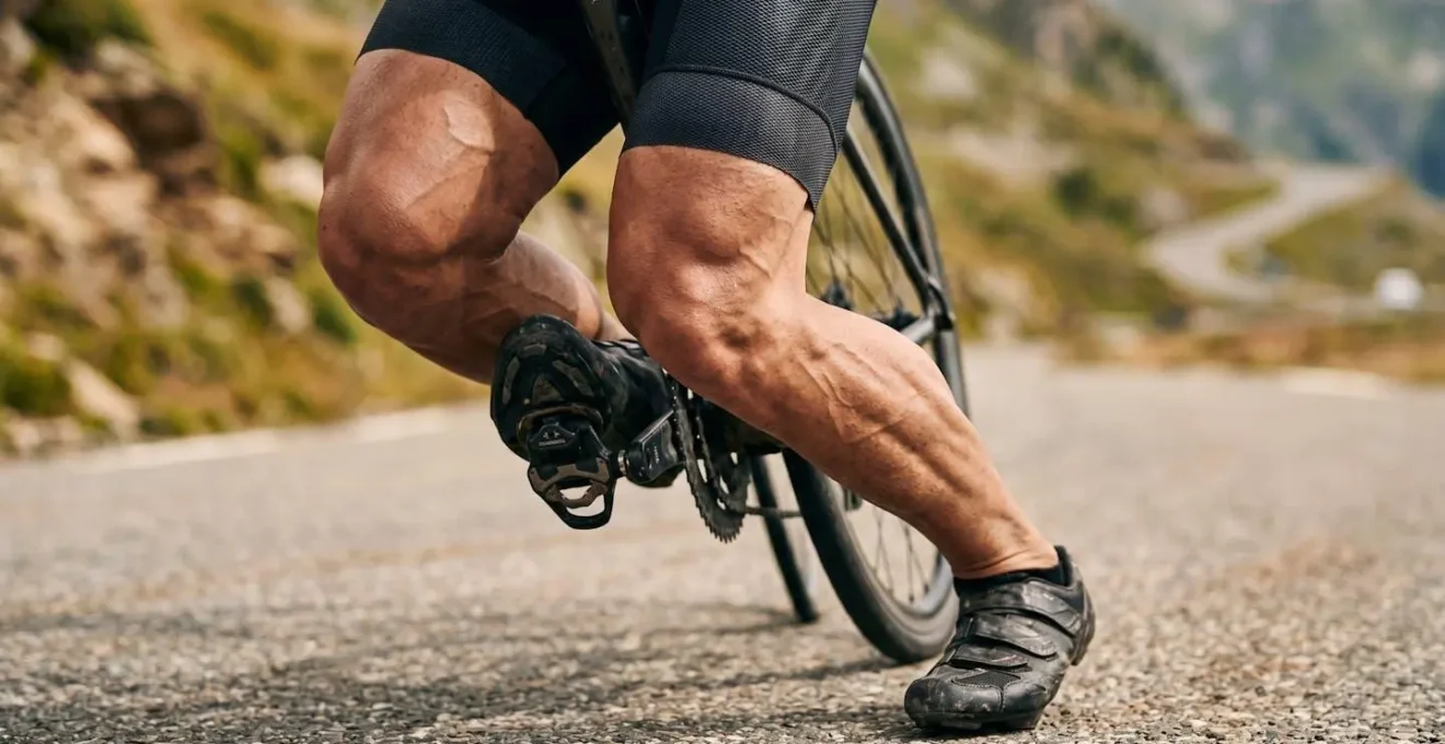 Nahaufnahme einer runden effizienten Pedalbewegung beim Bergauffahren mit Fokus auf Kadenz und Technik