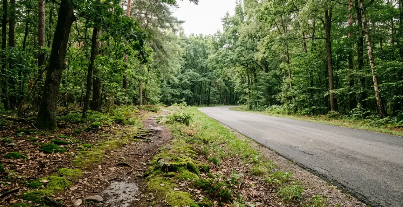 Wanderer auf naturnahem Waldpfad mit weichem Untergrund im Vergleich zu befestigter Forststraße