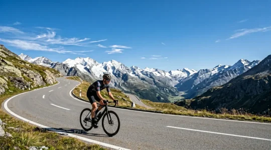 Radfahrer in klarer Bergluft auf 1500 Metern Höhe in den Alpen