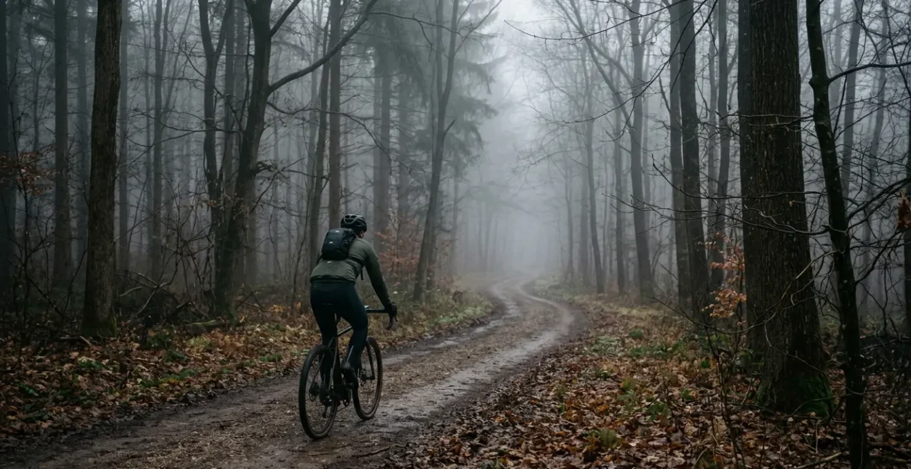 Radfahrer im nebligen November-Wald, von hinten fotografiert, natürliches Licht durchbricht den Nebel