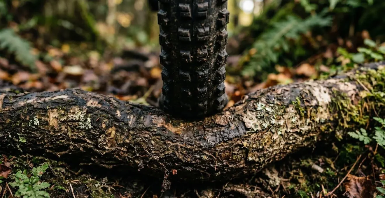 Detailaufnahme eines Mountainbike-Reifens der über eine Wurzel rollt und die Verformung zeigt
