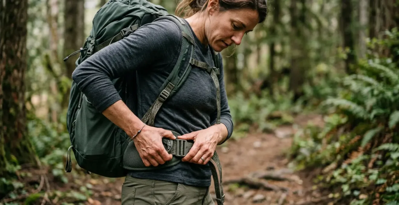 Detailaufnahme eines professionell eingestellten Wanderrucksacks mit korrekt positioniertem Hüftgurt auf dem Beckenknochen
