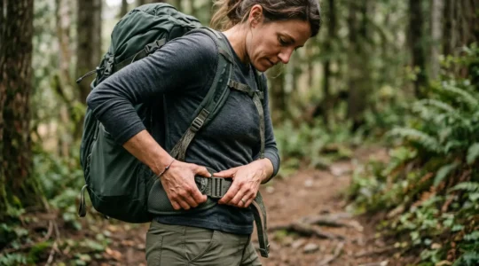 Detailaufnahme eines professionell eingestellten Wanderrucksacks mit korrekt positioniertem Hüftgurt auf dem Beckenknochen